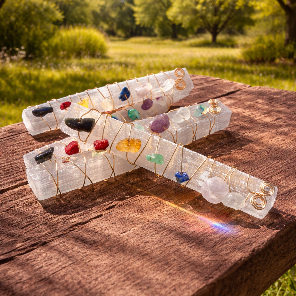 Selenite chakra wand stick from Practical Magic Store showing a smooth, white selenite crystal with chakra markings for spiritual healing.
