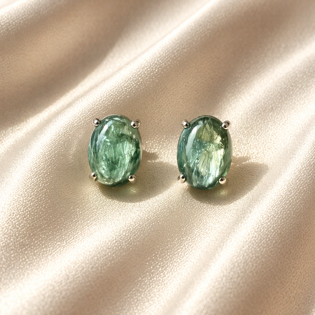 Seraphinite 925 sterling silver stud earrings with crystal energy accents, crafted by Practical Magic Store.
