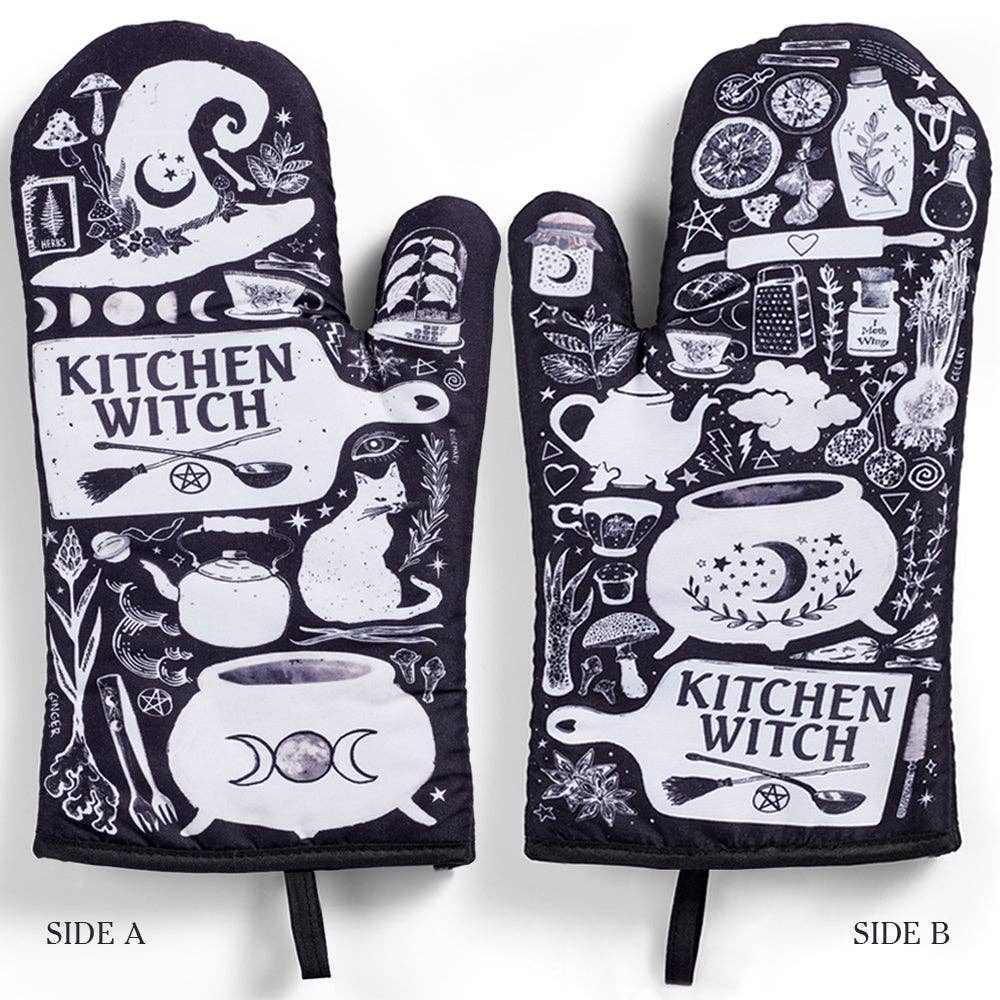 Set of 2 Kitchen Witch oven mitts and pot holders from The Bullish Store, hanging with colorful witch-themed designs.