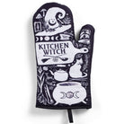 Set of 2 Kitchen Witch oven mitts and pot holders from The Bullish Store, hanging oven gloves with decorative witch design.