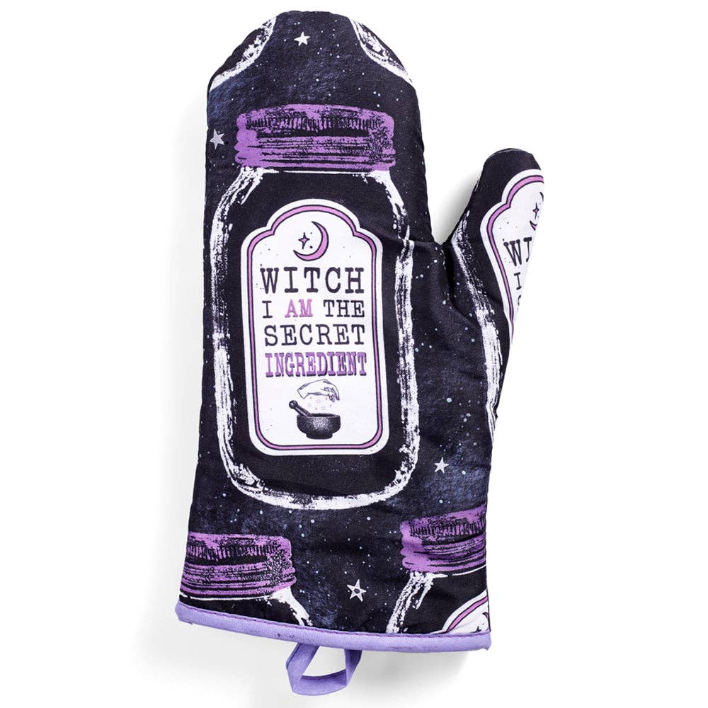 Set of 2 Witch-themed oven mitts and pot holders with hanging loops, featuring the phrase "I AM The Secret Ingredient" by The Bullish Store.