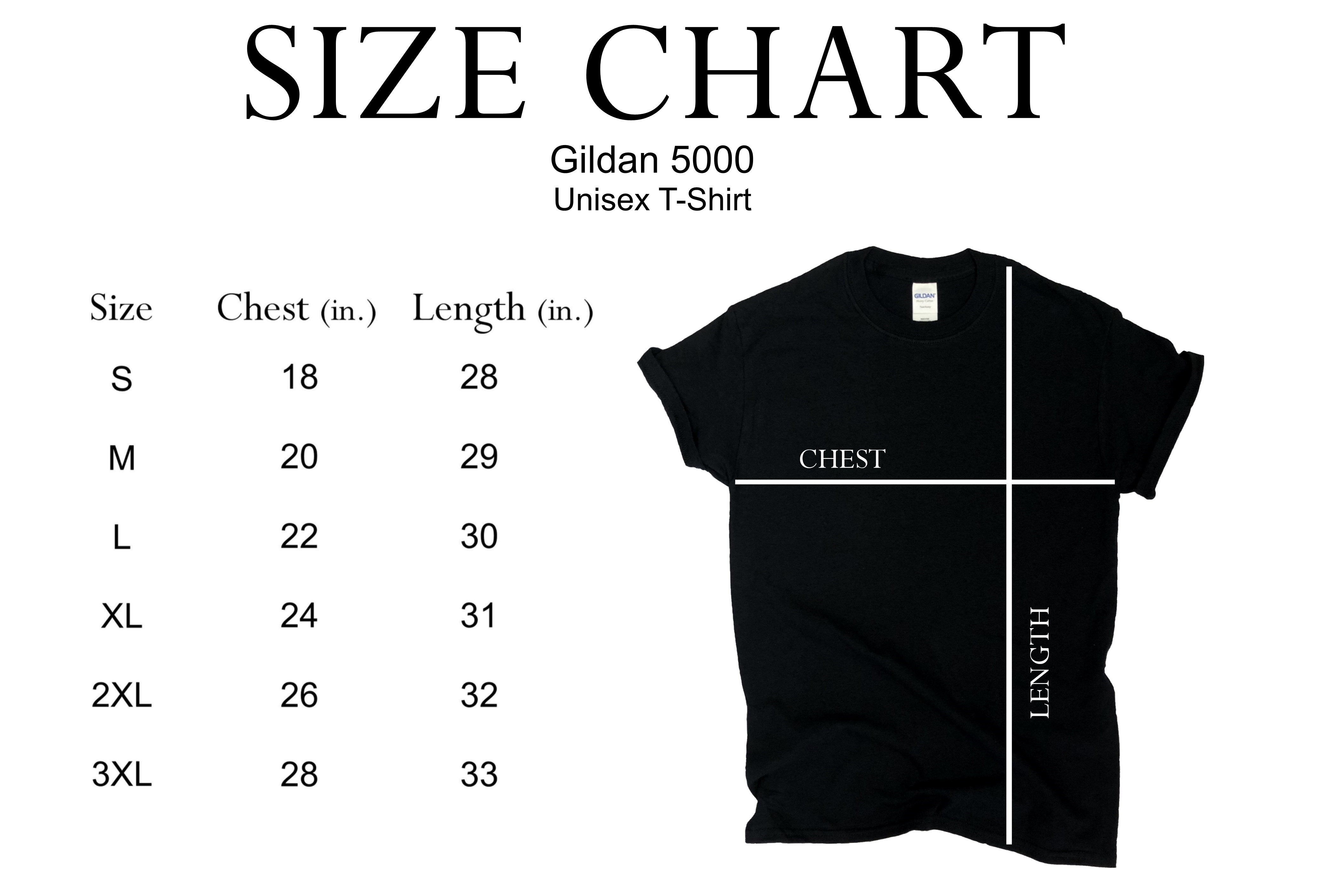 Size chart for Shop Karma Tees Gildan 5000 t-shirts, showing measurements and fit details for accurate sizing.