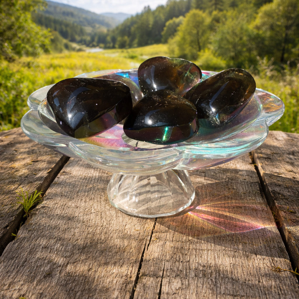 Natural smoky quartz heart crystal pendant with polished surface, showcasing rich smoky brown color and smooth rounded shape.