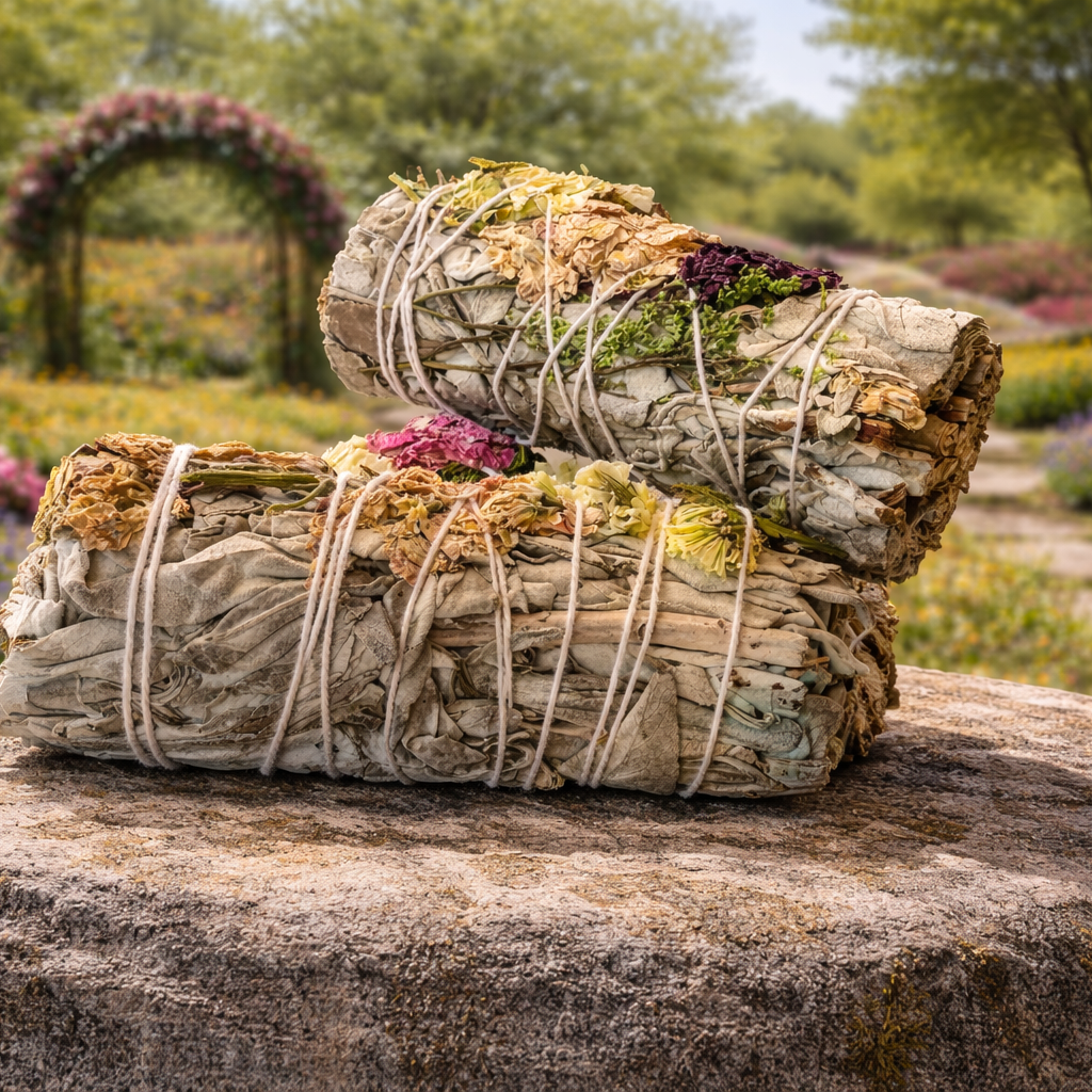 Practical Magic Store floral smudge stick with vibrant dried flowers and herbs, perfect for cleansing and spiritual rituals.