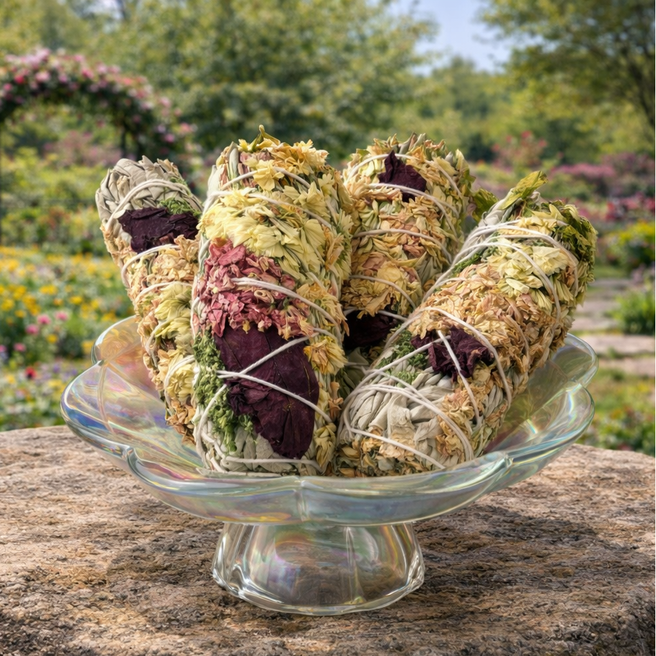 Colorful floral smudge stick from Practical Magic Store, featuring dried flowers and herbs for cleansing and spiritual rituals.