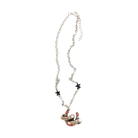 Sourpuss "Good Luck" horseshoe necklace with red rhinestones and black star charms, featuring a silver chain.