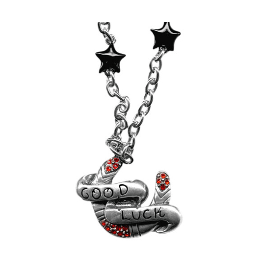 Sourpuss "Good Luck" horseshoe necklace with red rhinestones and black star charms, featuring a stylish jewelry design.