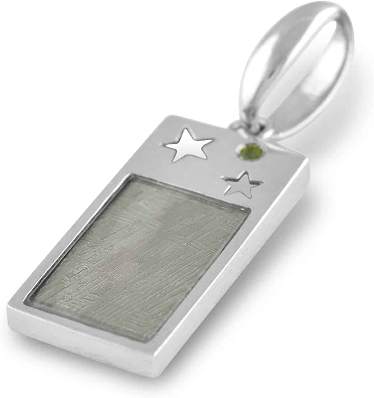 Sterling silver star-shaped pendant featuring Muonionalusta meteorite and moldavite gemstone by Starborn Creations.