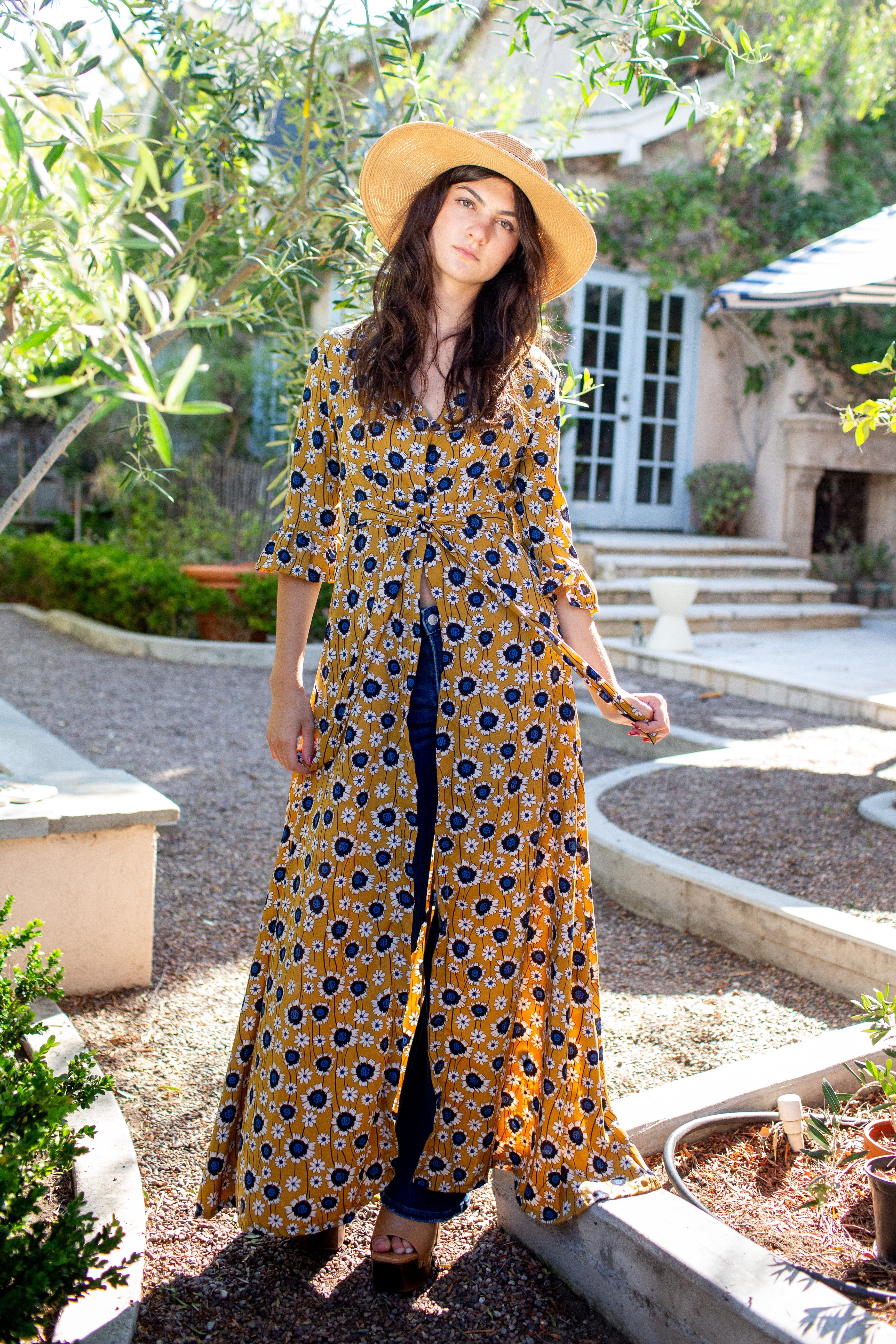 Gold sunflower print dressing gown by Jennafer Grace, featuring a soft fabric and floral pattern for comfortable loungewear.