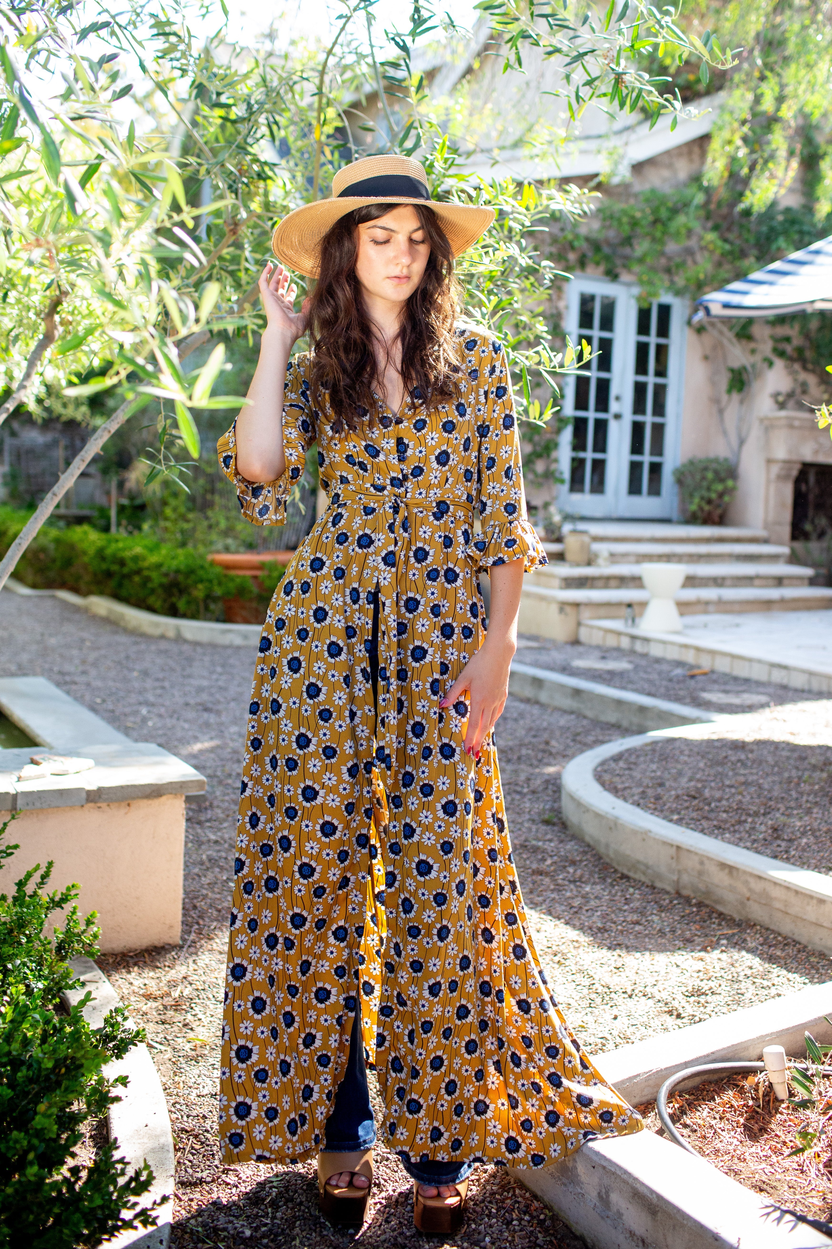 Gold sunflower dressing gown by Jennafer Grace, soft fabric with floral sunflower pattern, cozy and elegant loungewear.