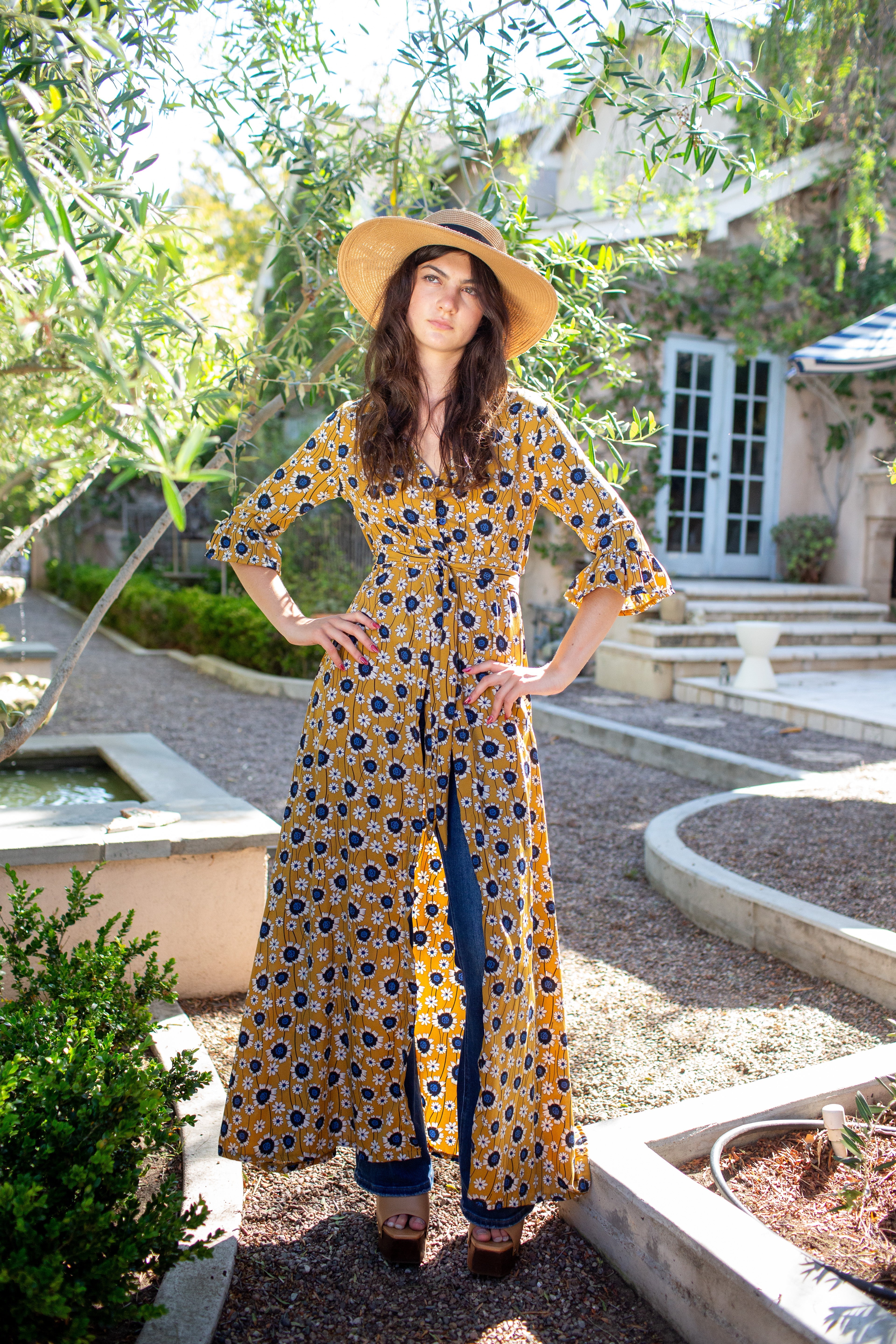 Gold sunflower print dressing gown by Jennafer Grace, featuring a comfortable, flowing design with a floral pattern.