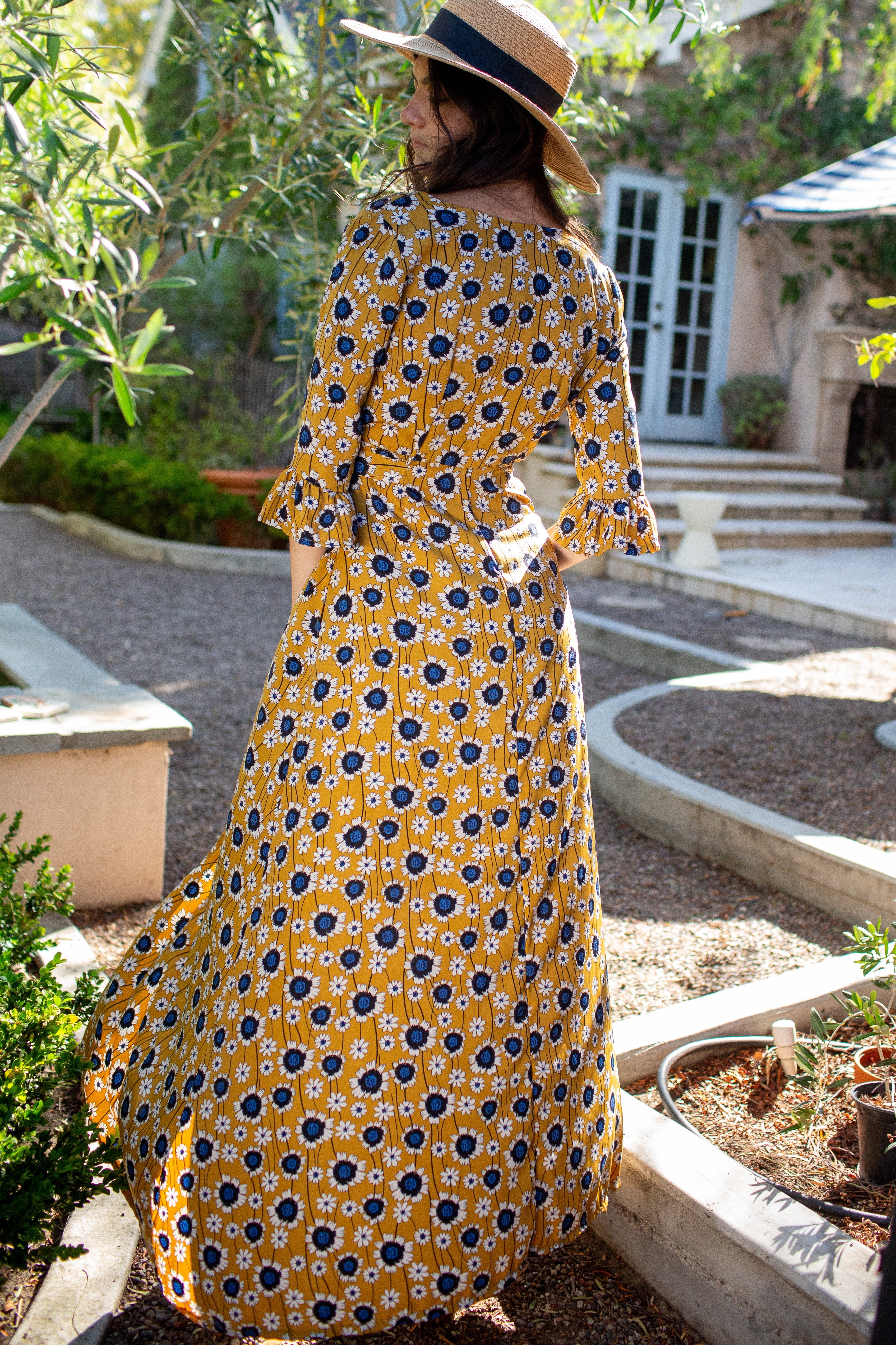 Golden sunflower-themed dressing gown by Jennafer Grace, featuring soft fabric and floral design, perfect for comfortable lounging.