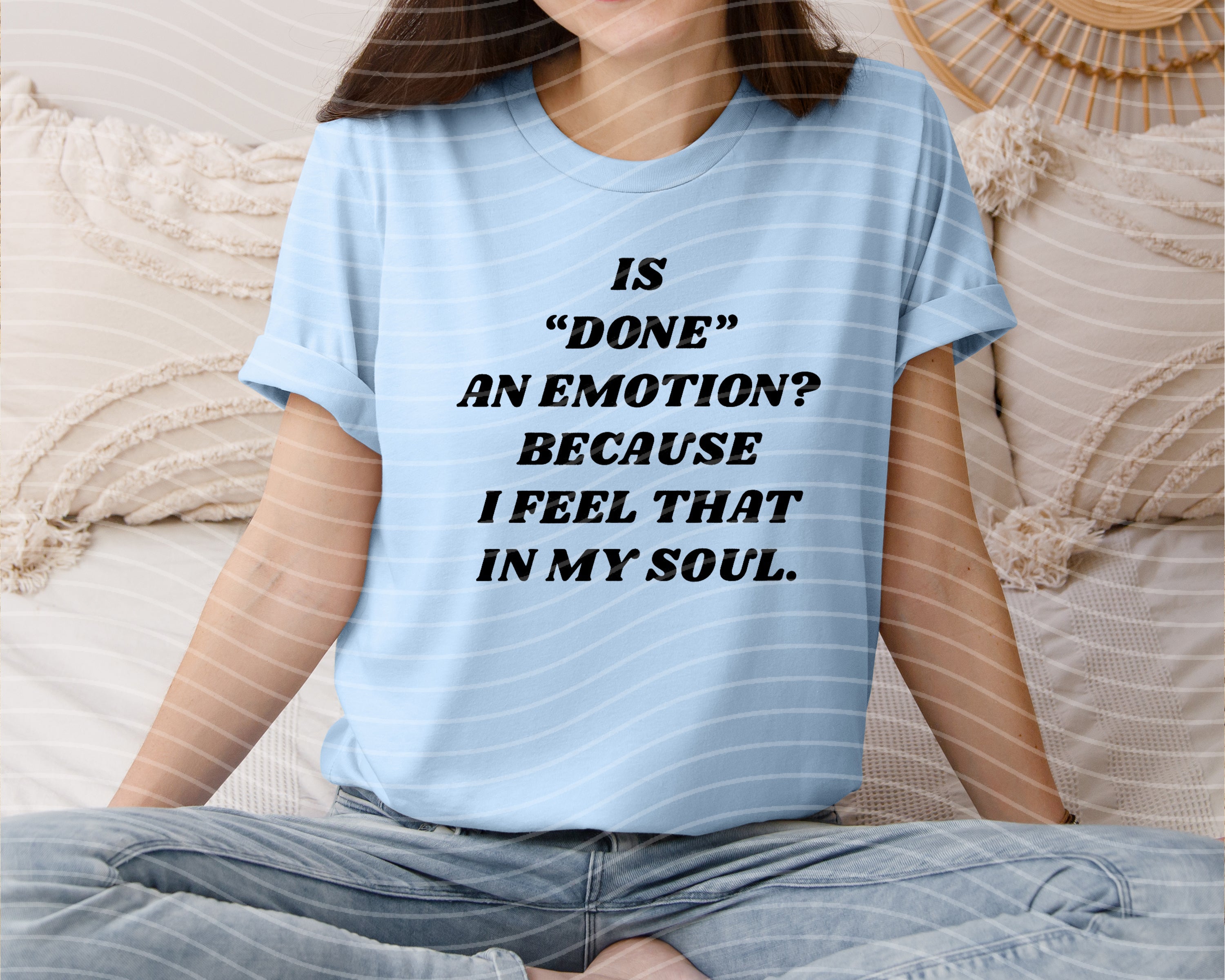 Black graphic tee from Anchored Grace Boutique featuring the "Is Done an Emotion" design with bold text on the front.
