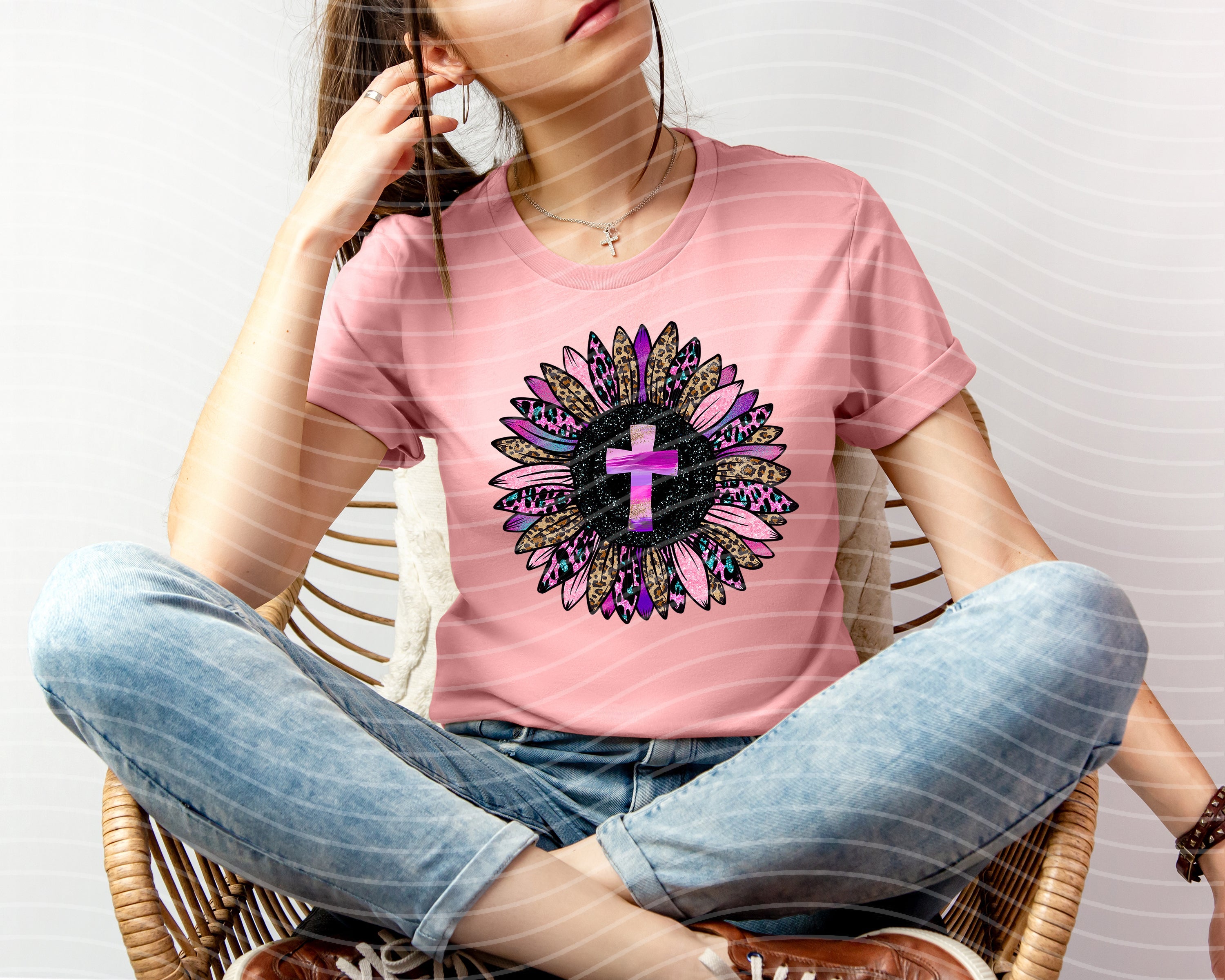 Black Cross Sunflower Graphic Tee by Anchored Grace Boutique, featuring a vibrant sunflower and cross design on the front.