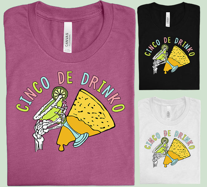 Black Cinco de Drinko graphic tee by Anchored Grace Boutique featuring colorful festive design on front.