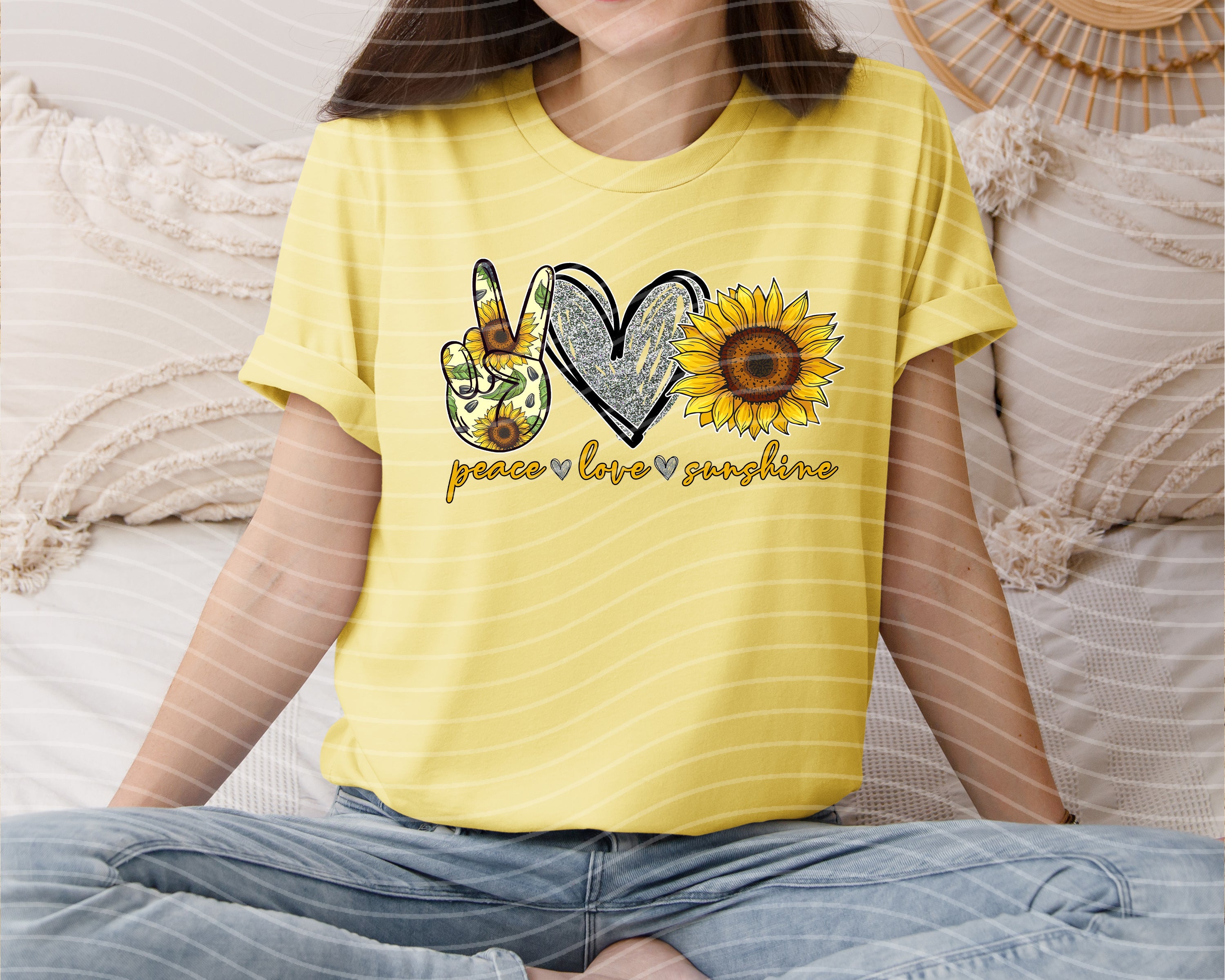 Peace Love Sunshine graphic tee from Anchored Grace Boutique, featuring bright sun and peace symbols on soft cotton fabric.