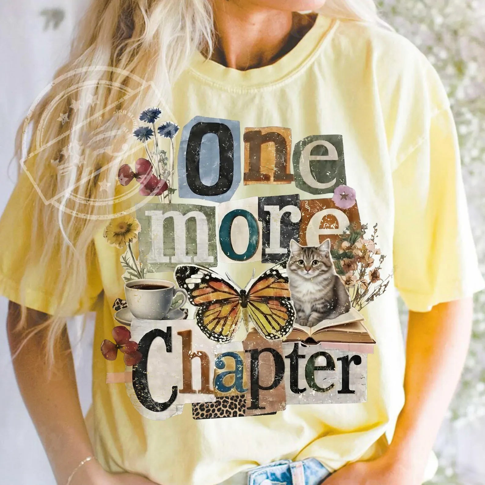 Pink "One More Chapter" graphic tee by Anchored Grace Boutique, casual t-shirt with book-themed design.