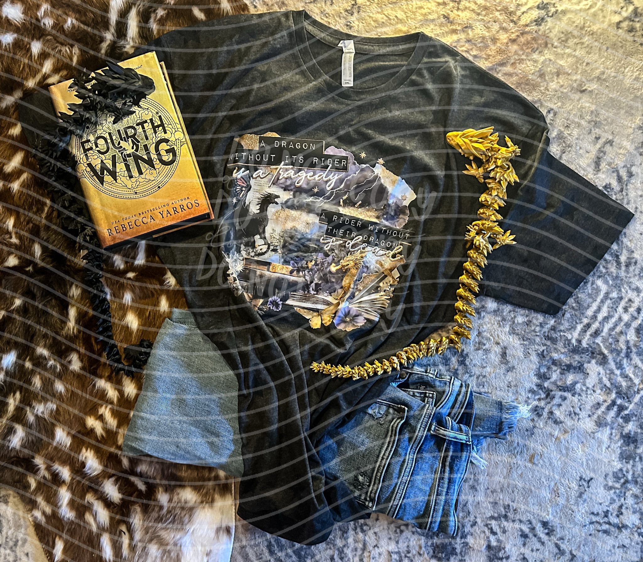 Black graphic tee featuring a dragon without its rider, with the quote "A Dragon Without Its Rider is a Tragedy" from Anchored Grace Boutique.