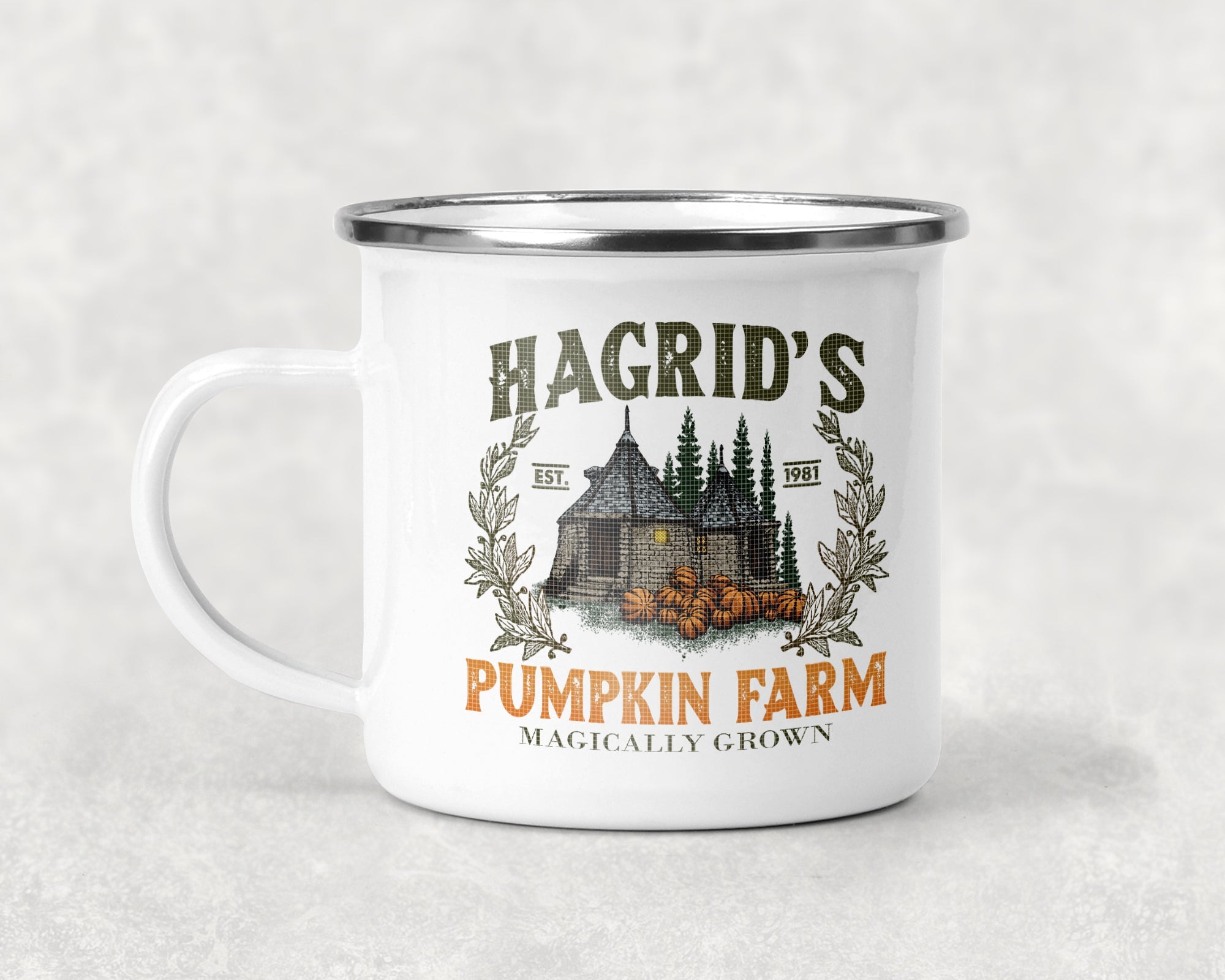 Hagrid's Pumpkin Farm coffee mug by Anchored Grace Boutique featuring autumn pumpkin and harvest-themed design.