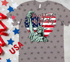 Sweet Land of Liberty graphic tee by Anchored Grace Boutique featuring patriotic design and vibrant colors, casual wear for Independence Day.