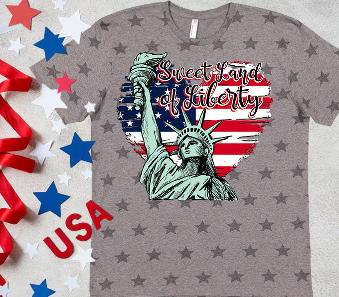 Sweet Land of Liberty graphic tee by Anchored Grace Boutique featuring patriotic design and vibrant colors, casual wear for Independence Day.