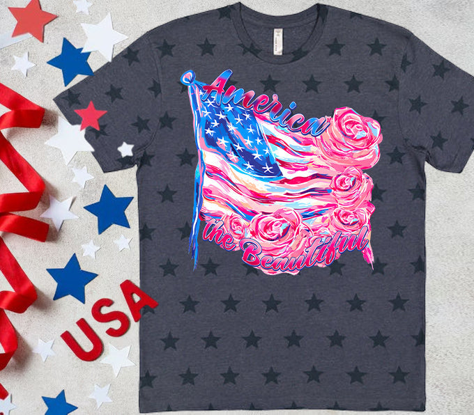 America the Beautiful graphic tee by Anchored Grace Boutique featuring patriotic design and casual fit.