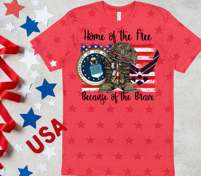 Air Force graphic tee from Anchored Grace Boutique featuring patriotic design and bold "Home of the Free Because of the Brave" text.