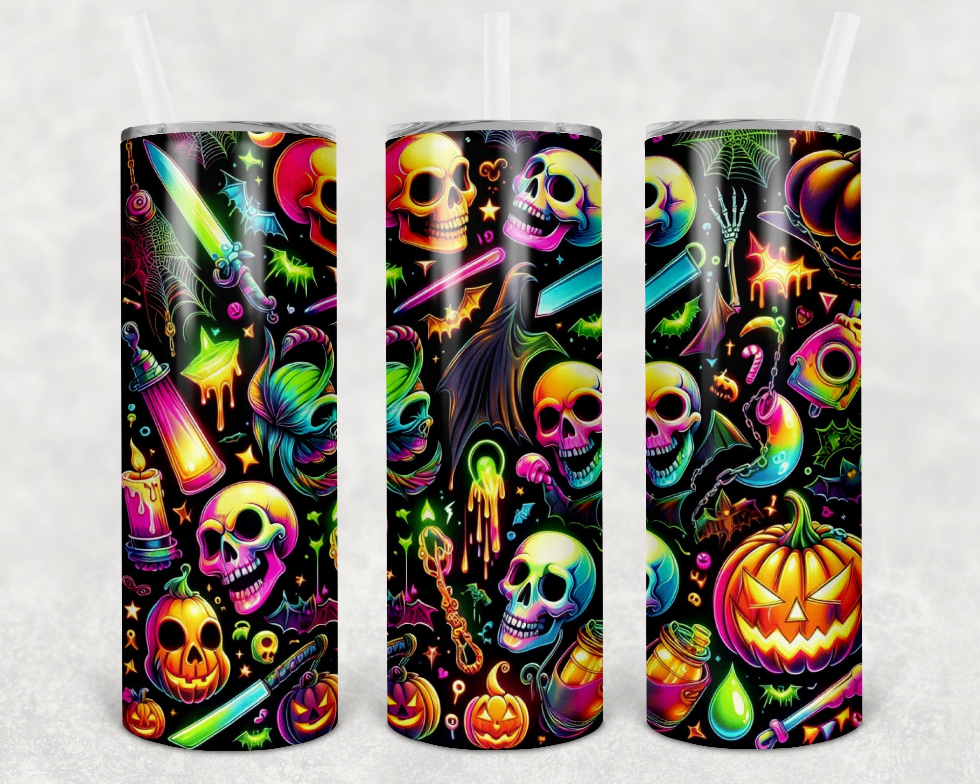20 oz Neon Skulls skinny tumbler by Anchored Grace Boutique featuring colorful skull designs on a sleek stainless steel surface.