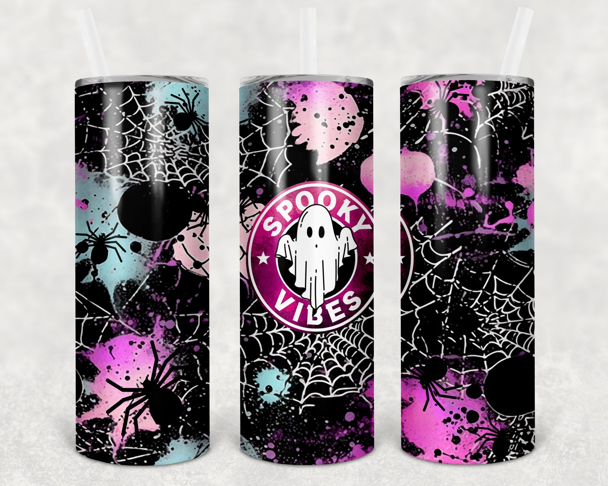Spooky Vibes 20 oz skinny tumbler by Anchored Grace Boutique featuring Halloween-themed spooky design and black lid.