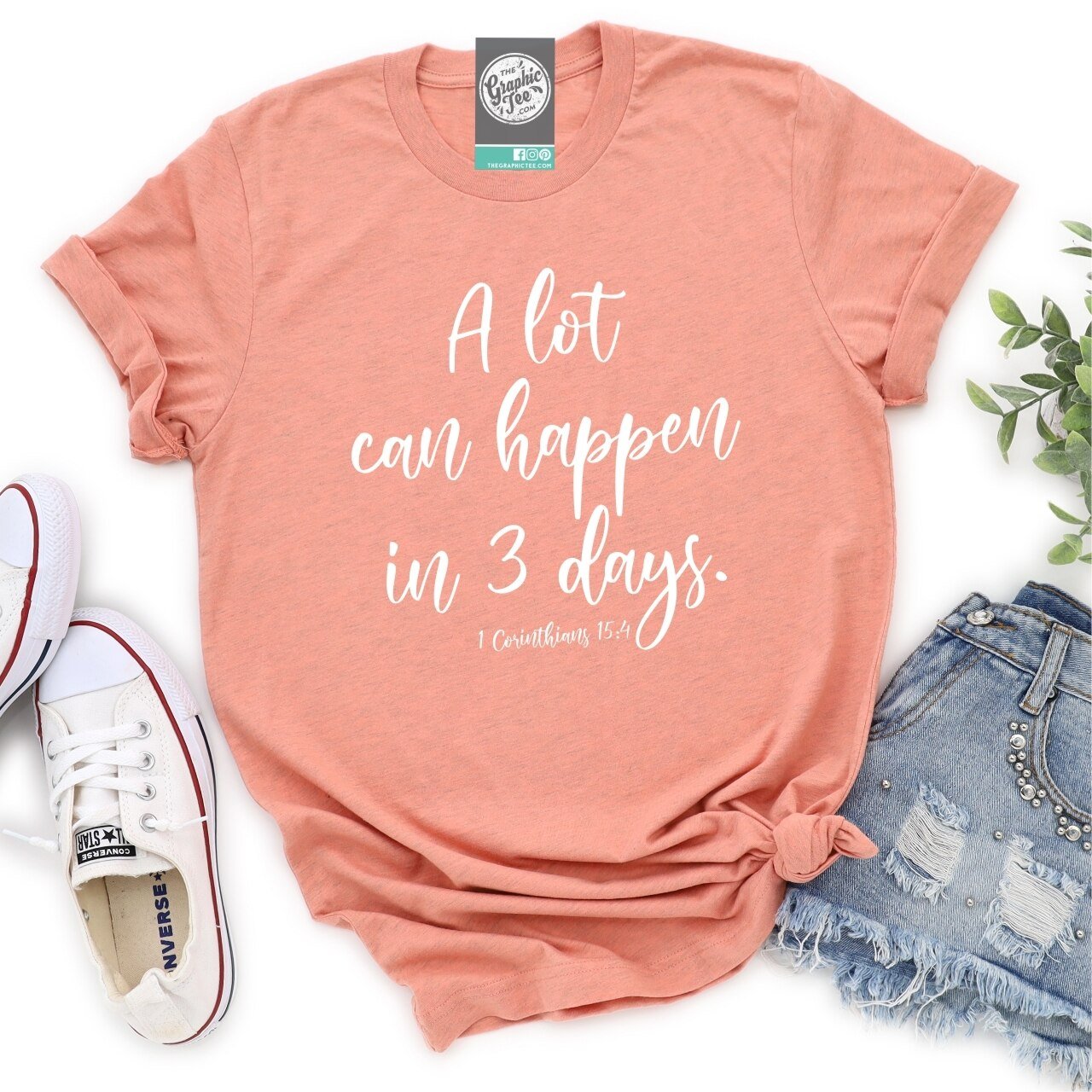 Unisex graphic tee featuring "A Lot Can Happen in 3 Days" slogan, casual SS T-shirt by The Graphic Tee, displayed on a neutral background.