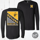 Black long-sleeve crewneck graphic tee for adults featuring Newton Railers rectangular design with Railer Man print by The Graphic Tee.
