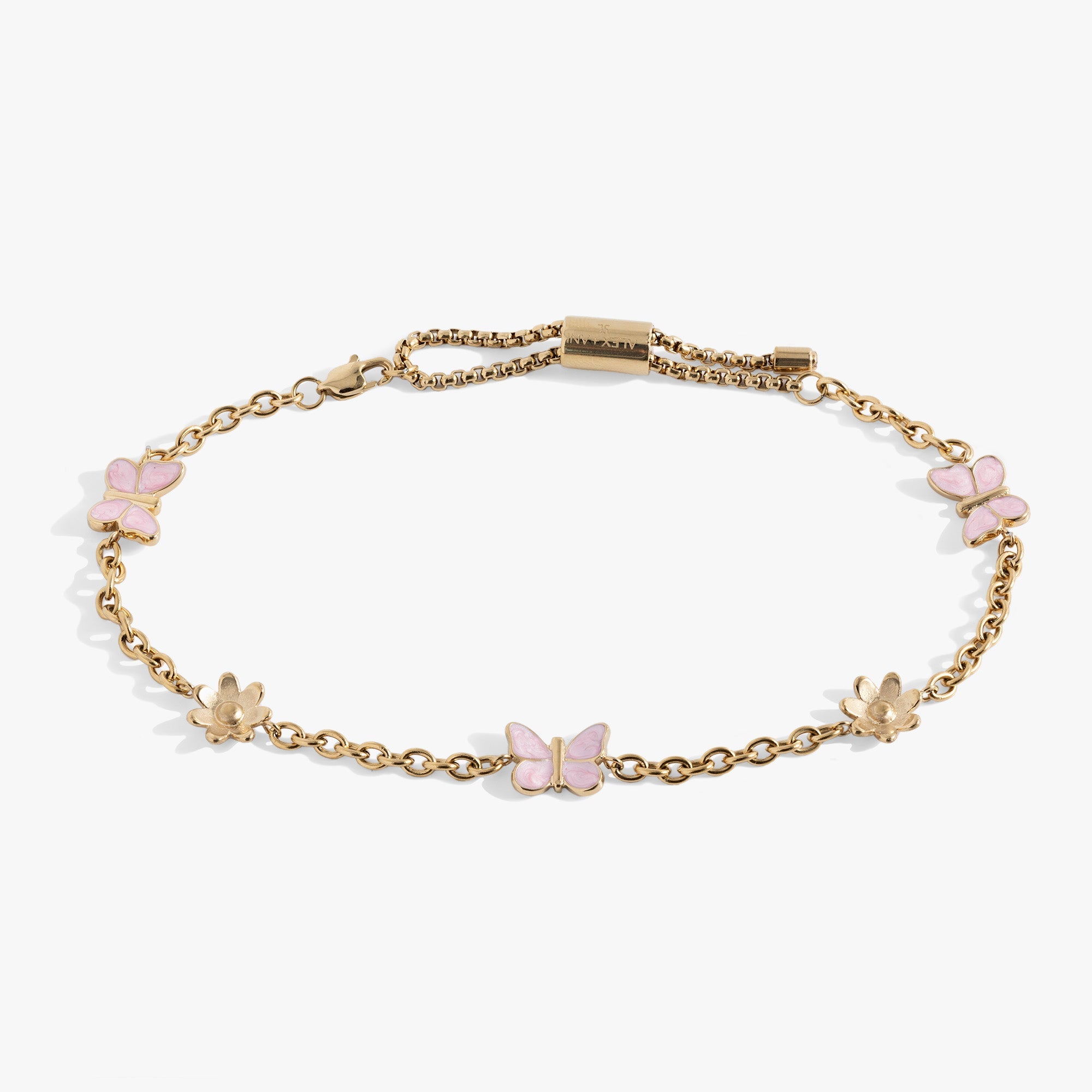 Gold stainless steel butterfly and flower anklet by ALEX AND ANI featuring delicate charms and adjustable chain.