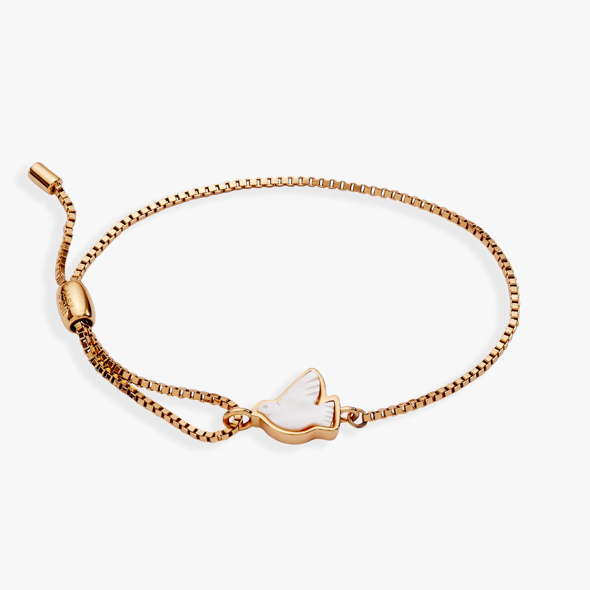 Gold Dove Peace Mother of Pearl Pull Chain Bracelet by ALEX AND ANI, featuring a dove charm and elegant design.