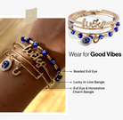 Set of three gold Evil Eye bangles by ALEX AND ANI featuring protective eye charms on sleek bracelets.