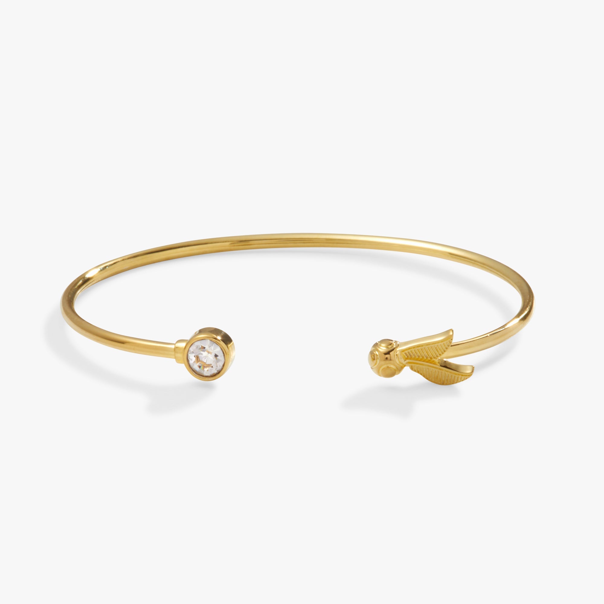 Gold Harry Potter™ Golden Snitch bracelet with crystal flex cuff by ALEX AND ANI, featuring intricate design and shimmering accents.