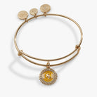 Gold Harry Potter Hufflepuff House charm bangle bracelet by ALEX AND ANI featuring a detailed Hufflepuff crest charm.