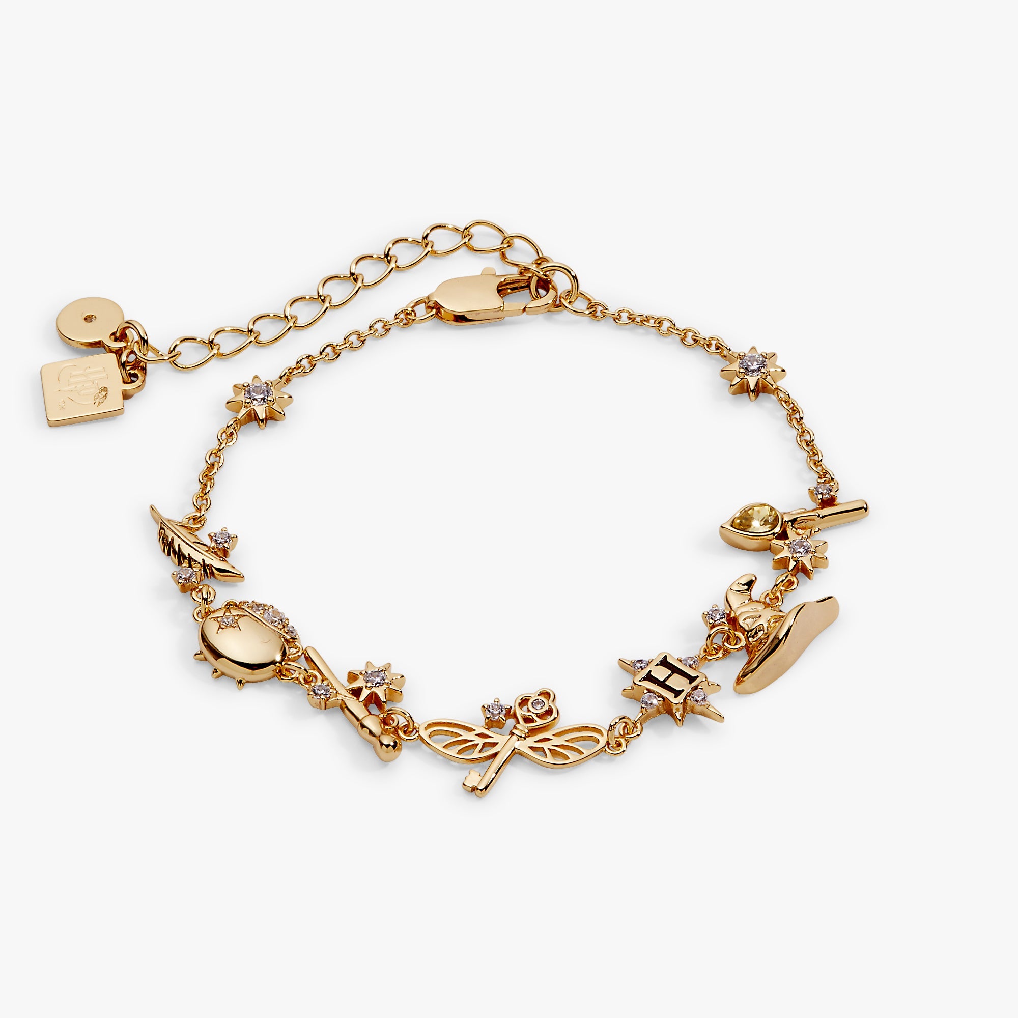 Gold Harry Potter™ Mixed Icon Inline Charm Bracelet by ALEX AND ANI featuring magical symbols and charms on a sleek bracelet.