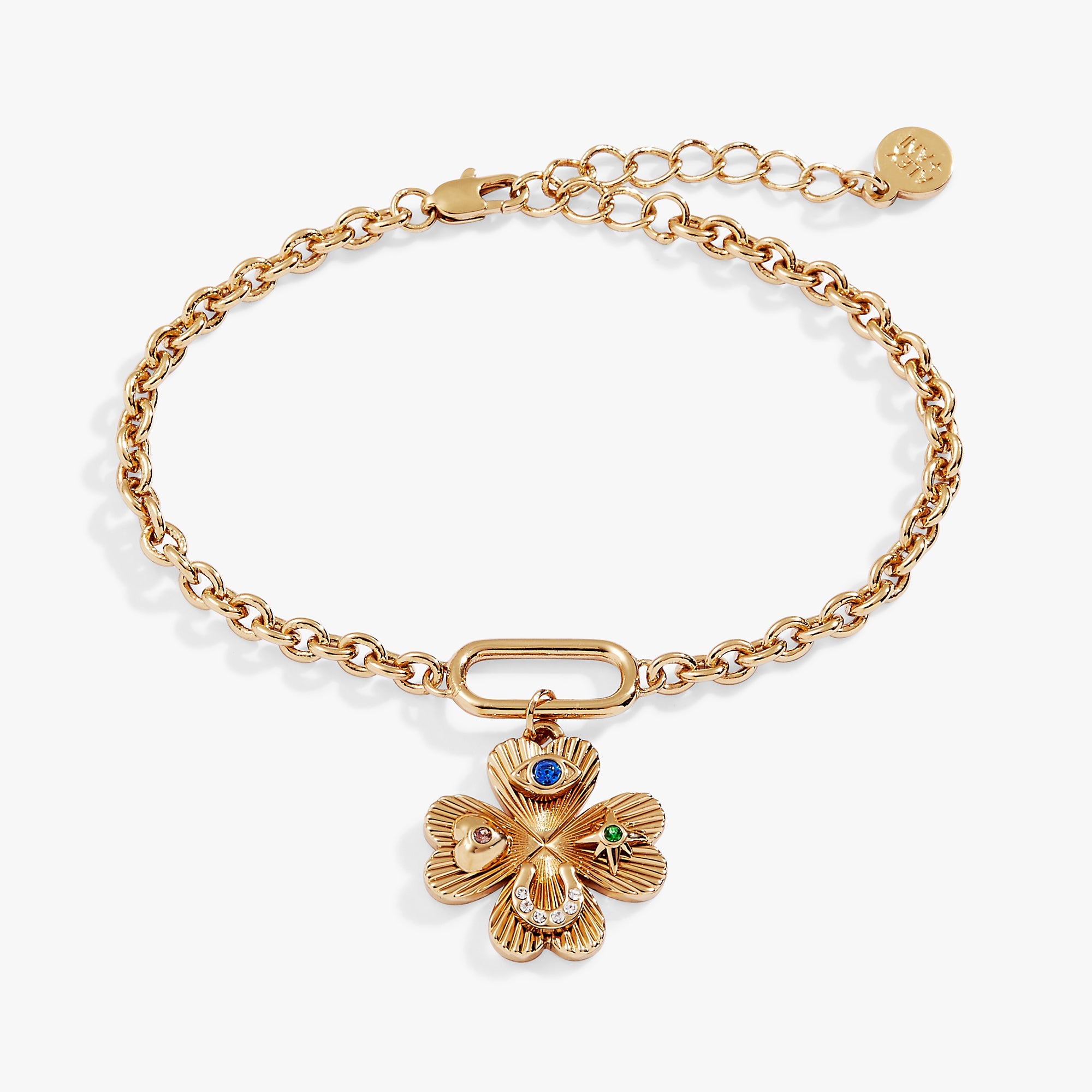 Gold ALEX AND ANI Lucky Four Leaf Clover adjustable bracelet with a delicate charm, perfect for adding a touch of luck.