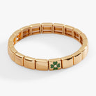 Gold ALEX AND ANI Lucky Four-Leaf Clover Stretch Bracelet with charm and elastic band for easy wear.