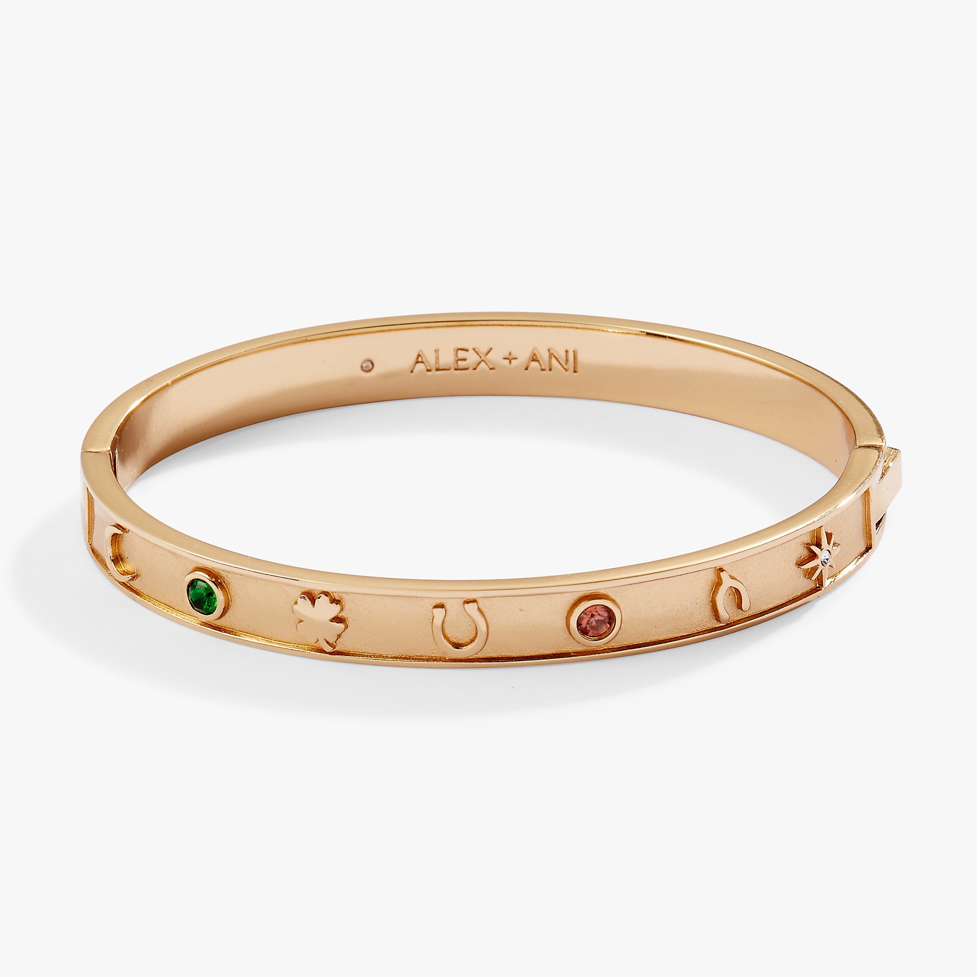 Gold Lucky Hinge Bangle bracelet by ALEX AND ANI, featuring a sleek hinge design and subtle charm details.