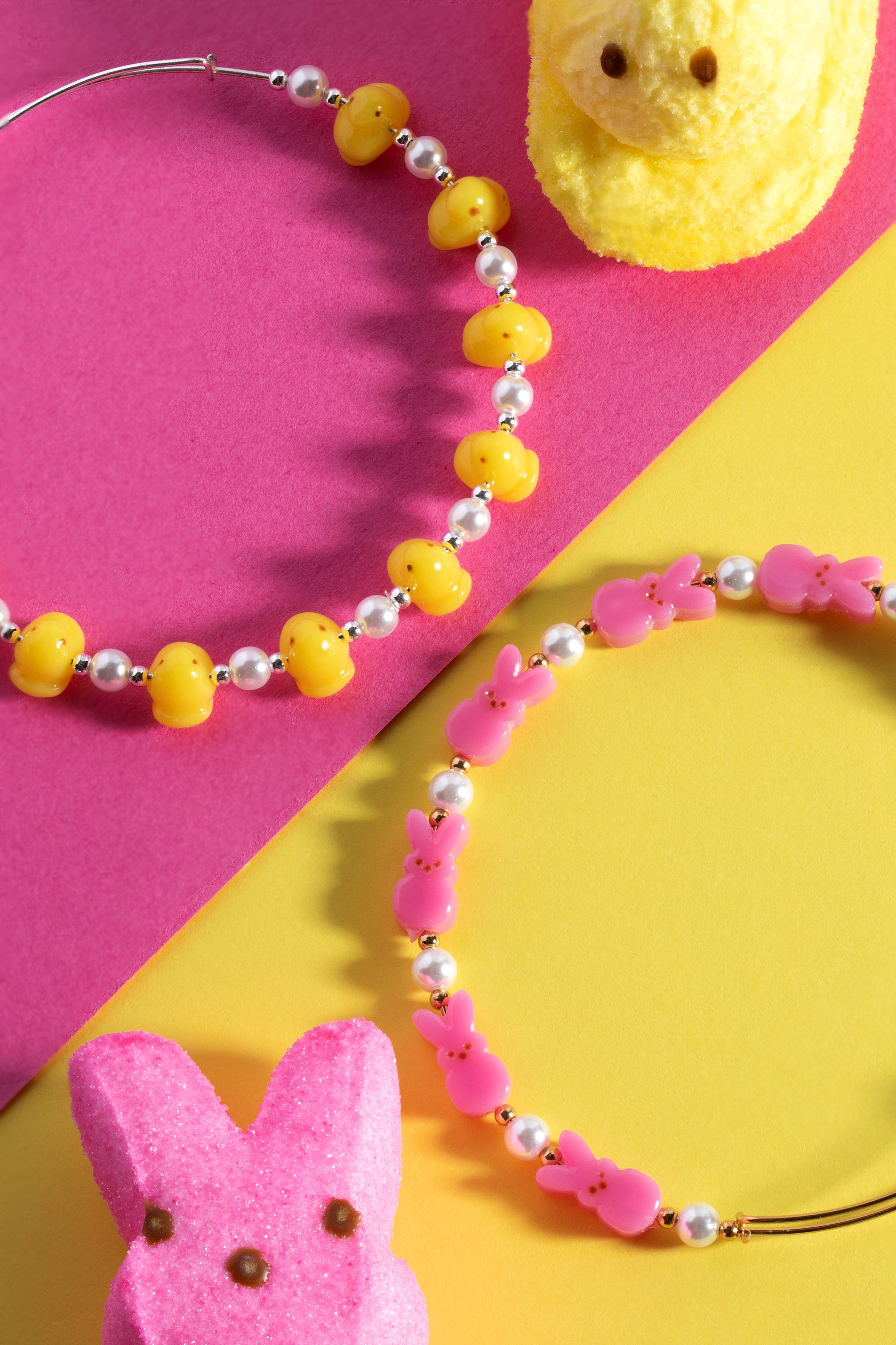 Gold PEEPS® Bunny beaded bangle bracelet by ALEX AND ANI featuring colorful beaded design and bunny charm.