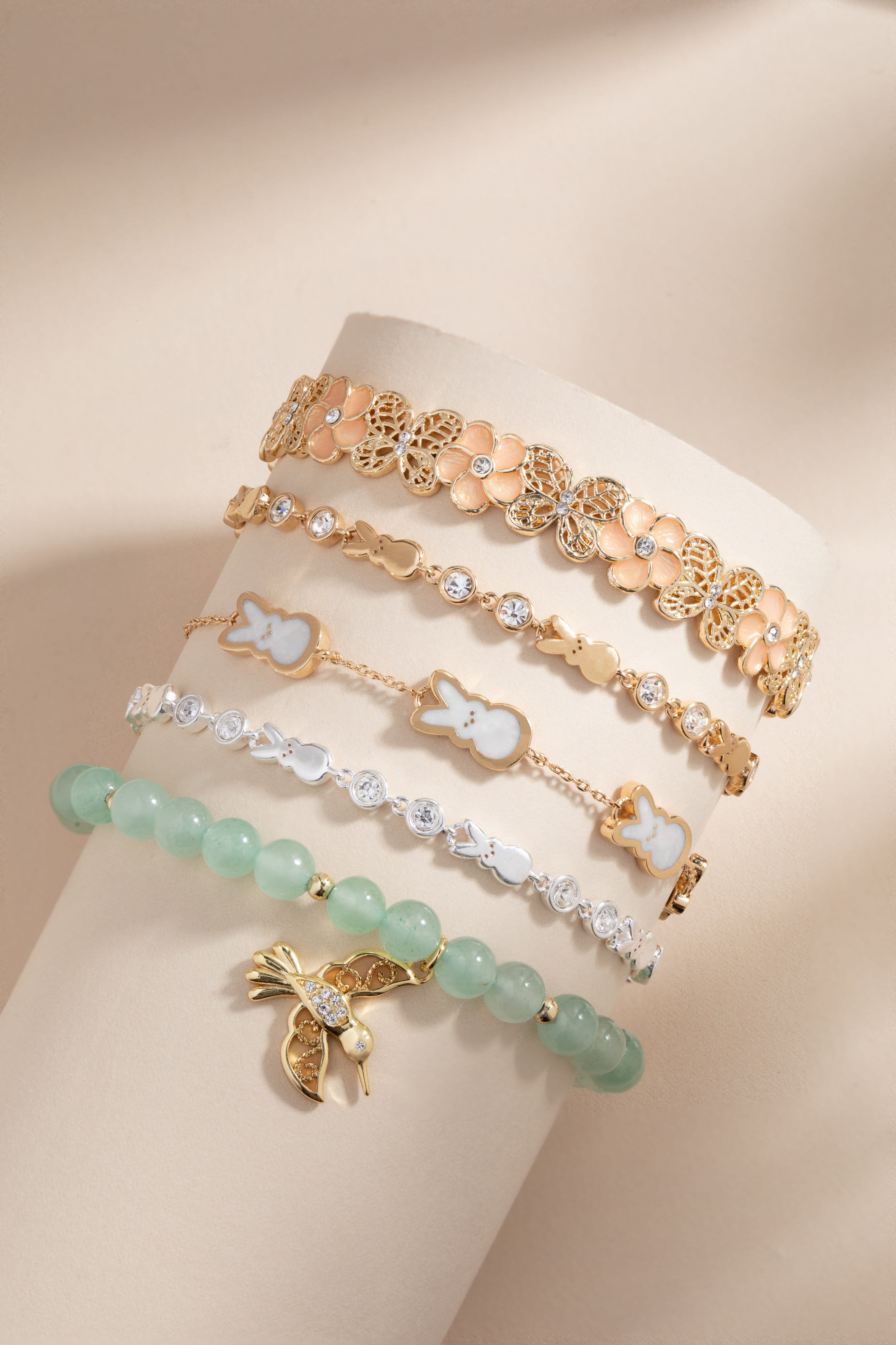 Gold PEEPS® Bunny Bolo Bracelet by ALEX AND ANI featuring a playful bunny charm on a sleek bolo bracelet.