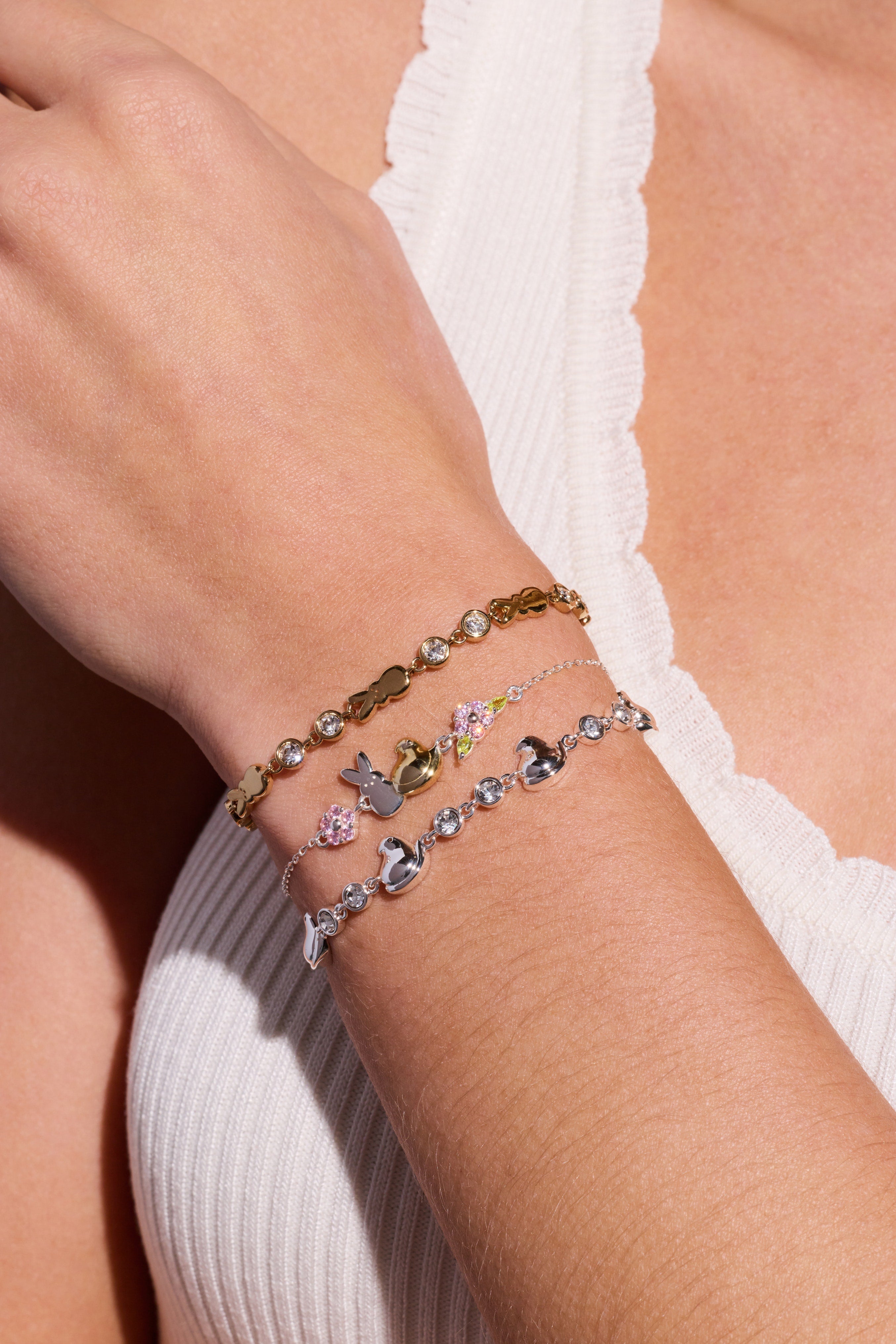 Gold PEEPS® Bunny Bolo Bracelet by ALEX AND ANI featuring a playful bunny charm and adjustable sliding clasp.
