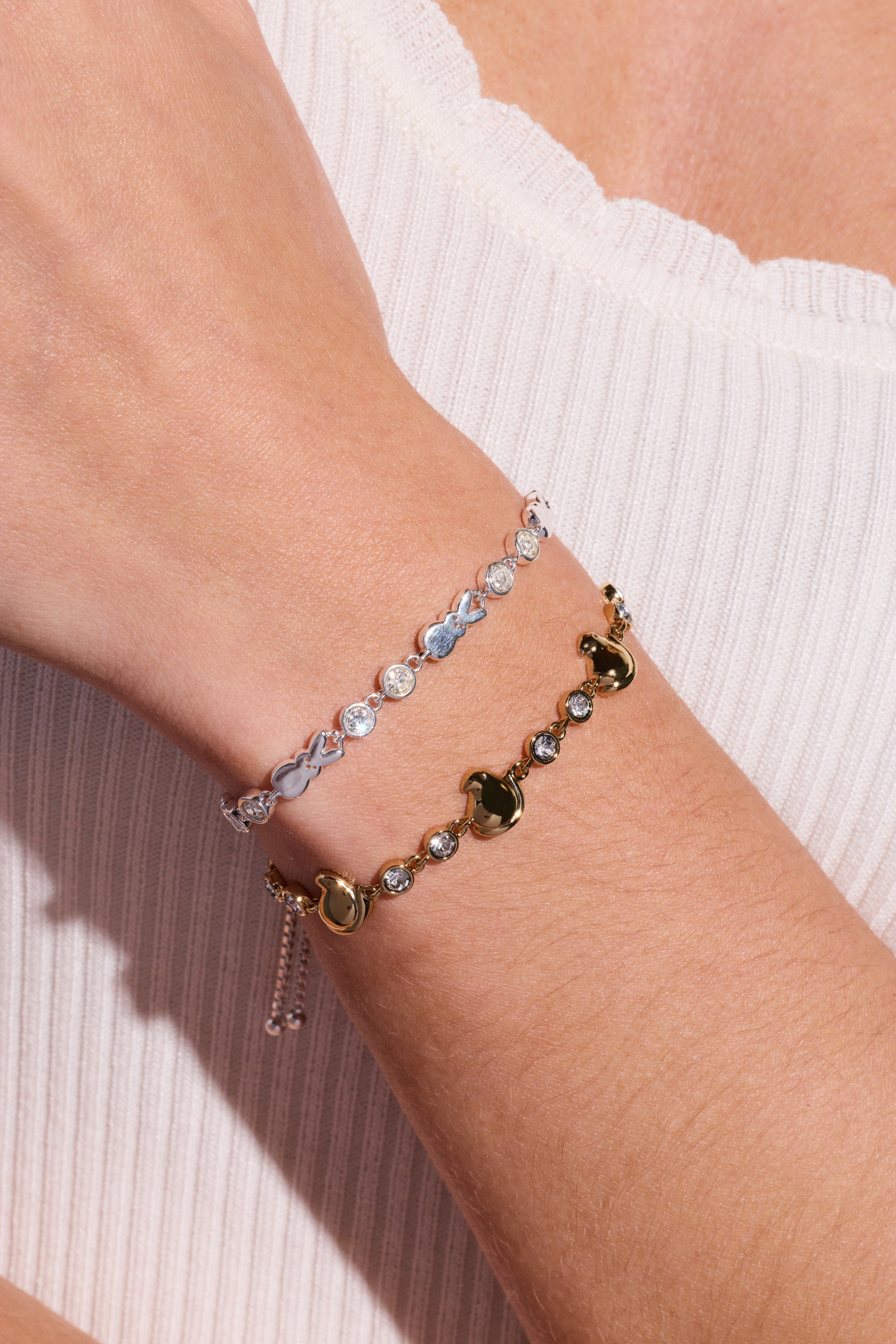 Gold PEEPS® Bunny Bolo Bracelet by ALEX AND ANI featuring a bunny charm and adjustable cord for a stylish accessory.