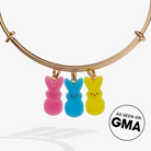 Gold PEEPS® Bunny multi-charm bangle bracelet by ALEX AND ANI featuring playful bunny charms on a sleek gold band