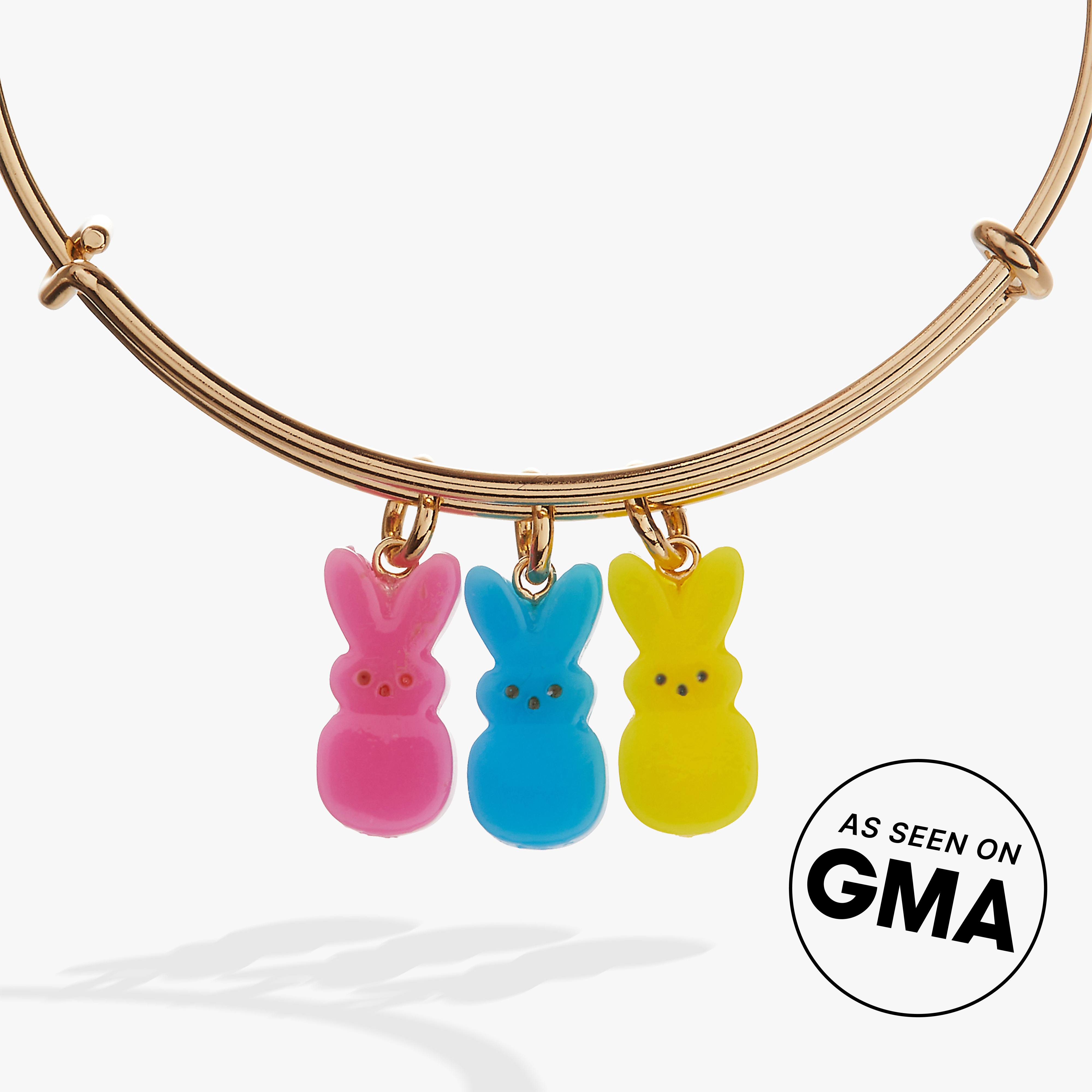 Gold PEEPS® Bunny multi-charm bangle bracelet by ALEX AND ANI featuring playful bunny charms on a sleek gold band