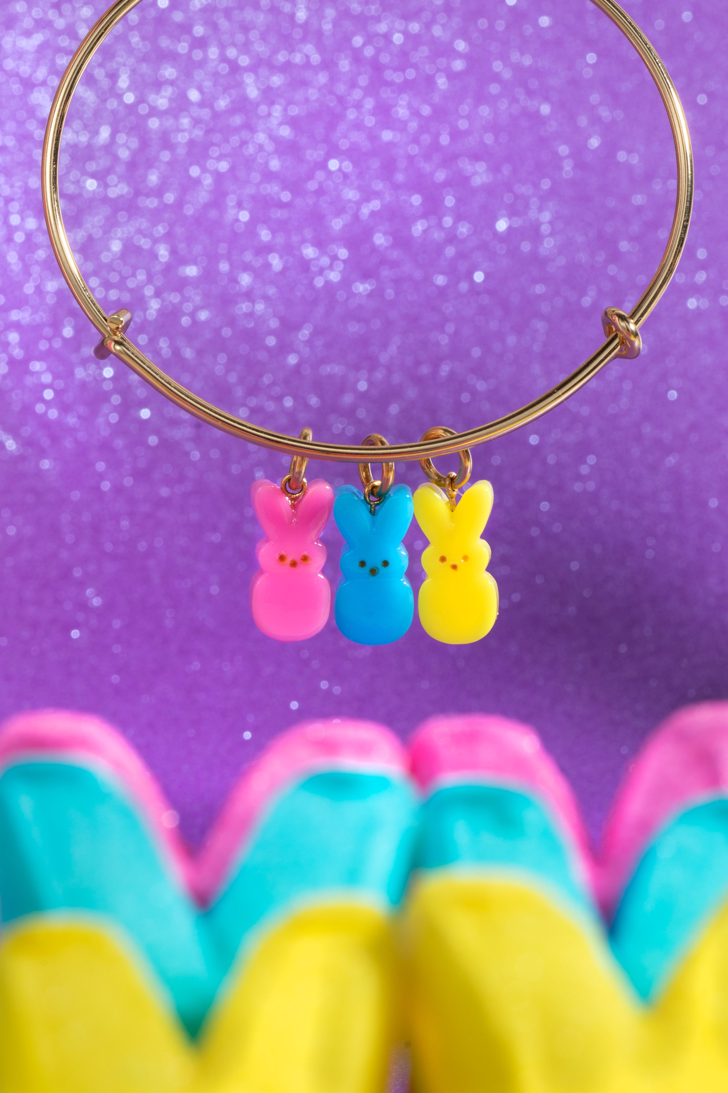 Gold PEEPS® Bunny multi-charm bracelet by ALEX AND ANI featuring playful bunny charms on a stylish bangle.