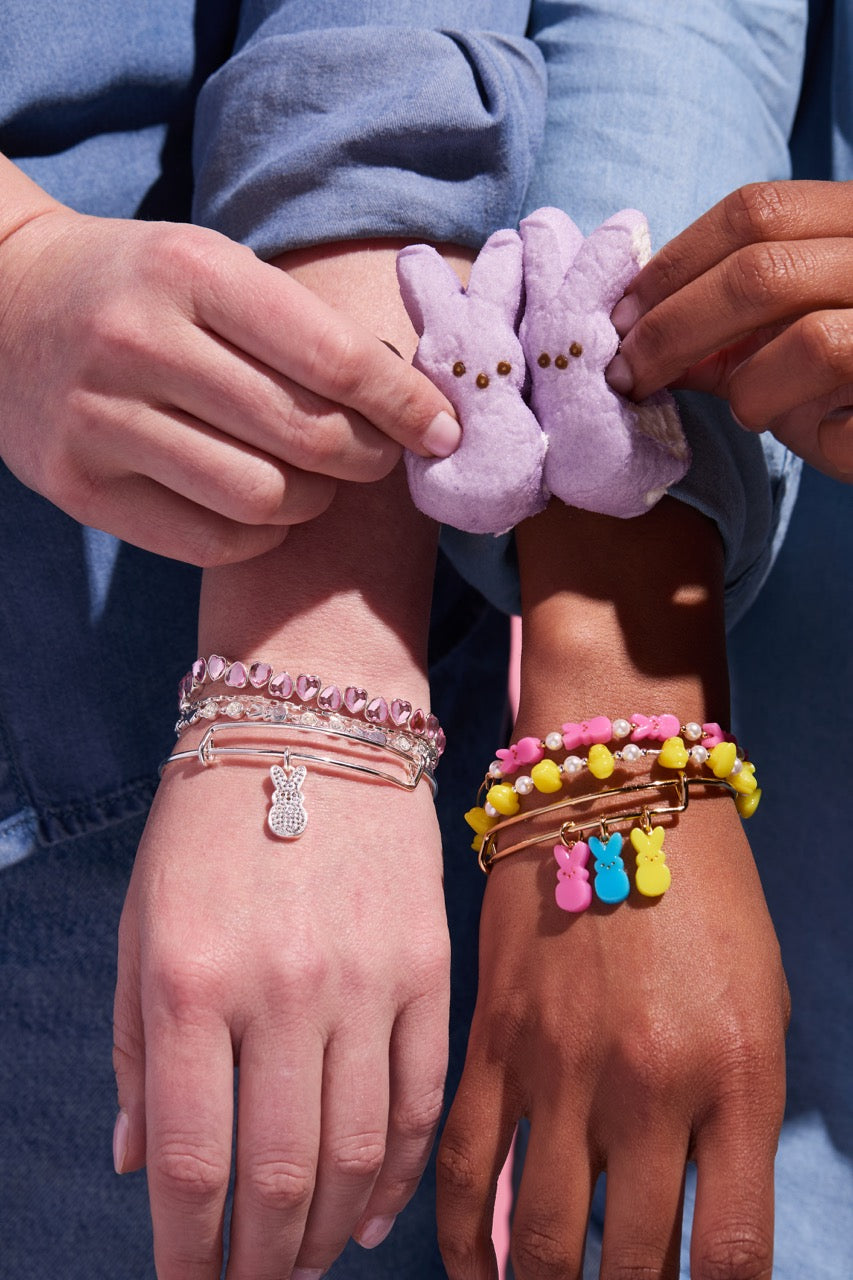 Gold PEEPS® Bunny multi-charm bangle bracelet by ALEX AND ANI featuring playful bunny charms and elegant design.