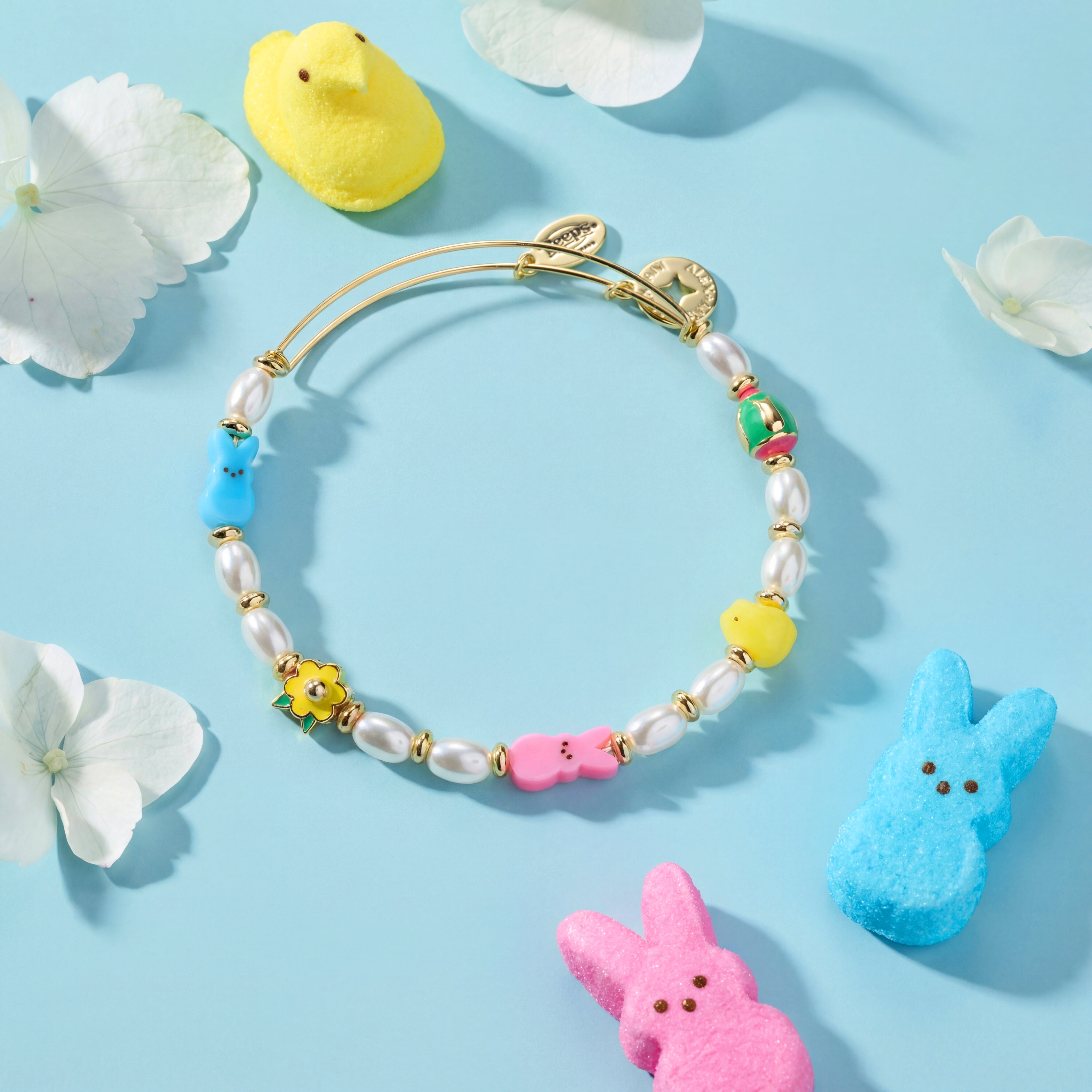 Gold PEEPS Chick and Bunny beaded bracelet by ALEX AND ANI featuring colorful beaded design and playful charm accents.