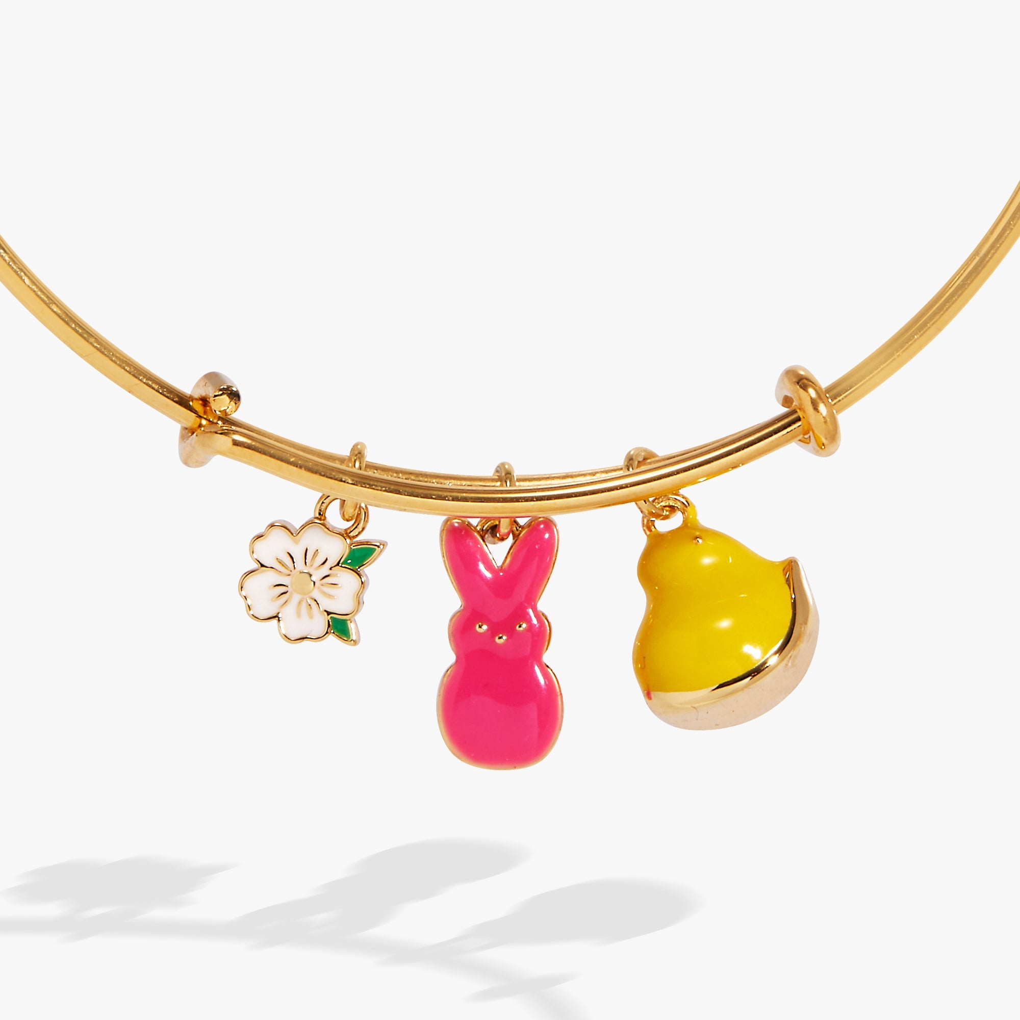 Gold PEEPS® Chick and Bunny multi charm bangle bracelet by ALEX AND ANI featuring playful candy-shaped charms.